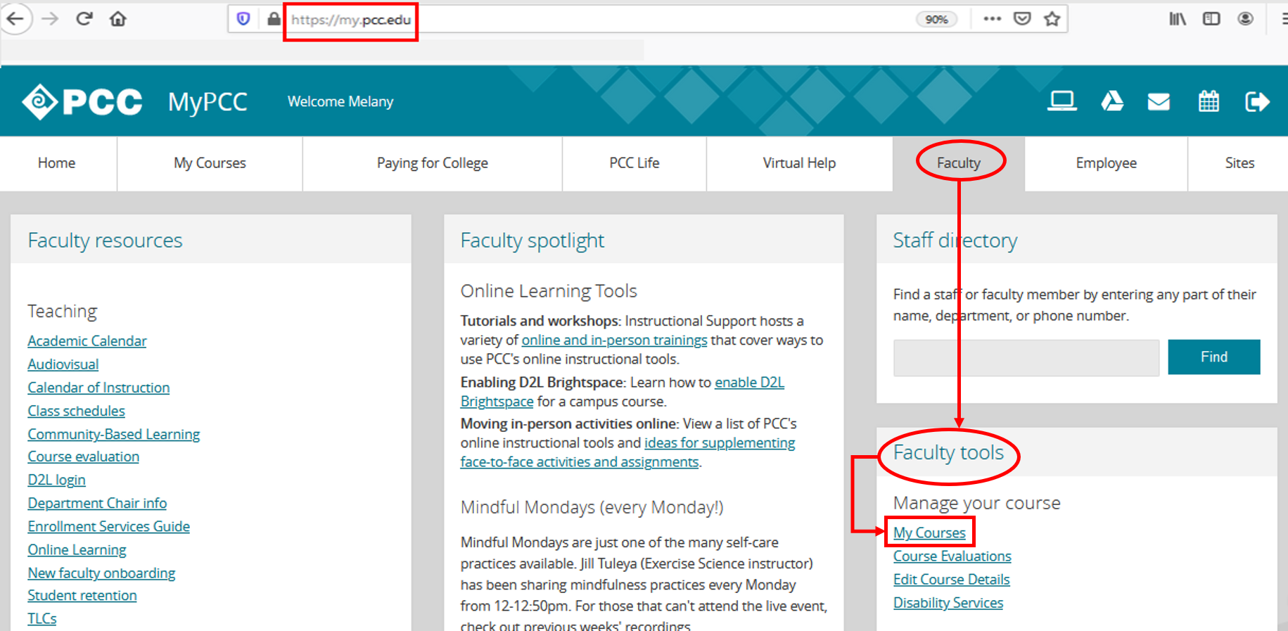 MyPCC homepage: Faculty tab, Faculty tools, My Courses link