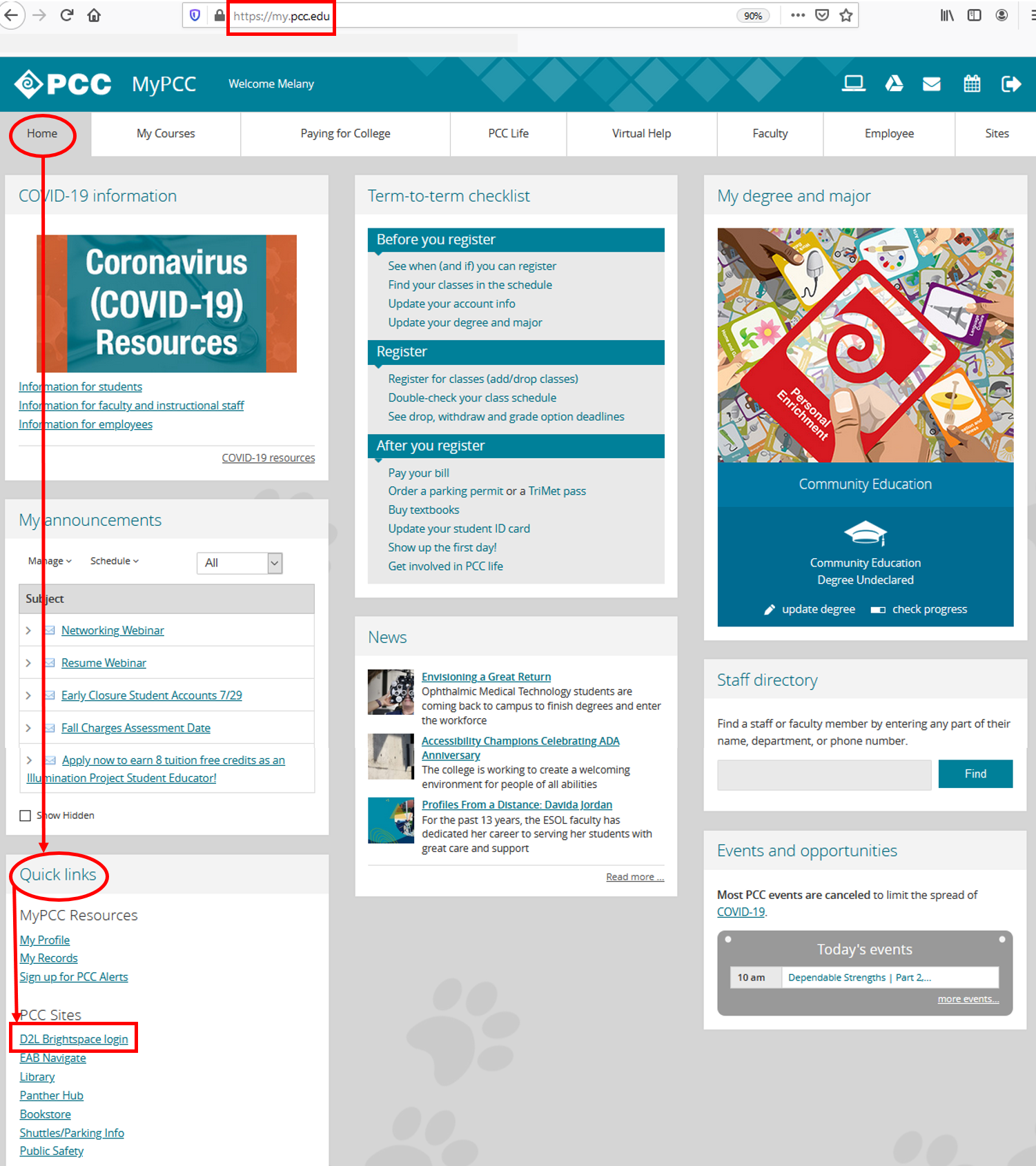 MyPCC homepage: Home tab, Quick links - D2L Brightspace login