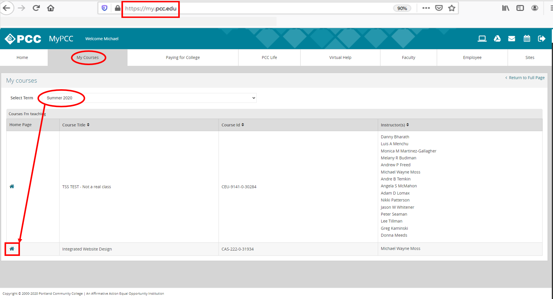 MyPCC homepage: My Courses tab - course Home Page icon