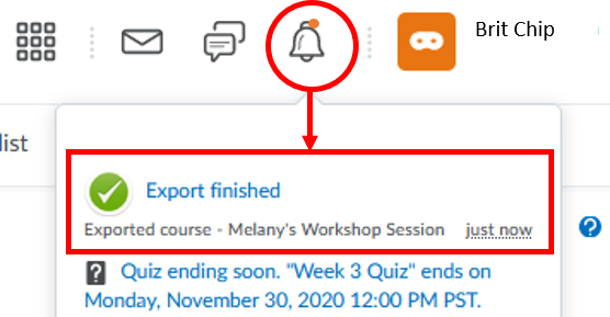 d2l export: bell notification-export finished
