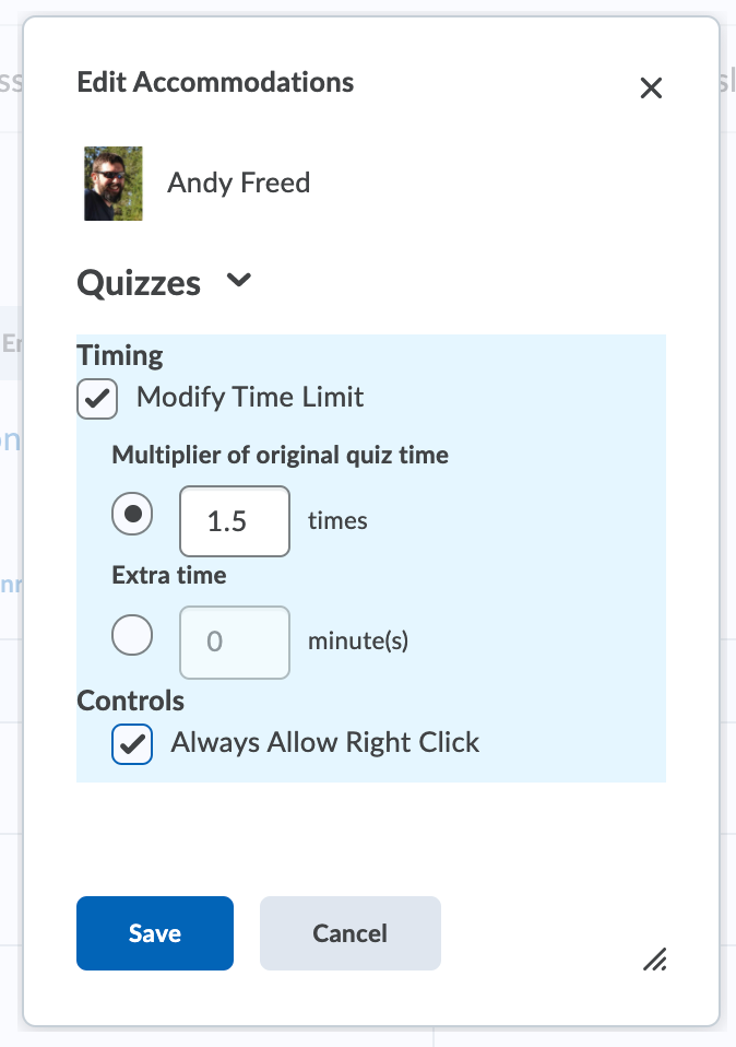 The accommodations window allows you to add time multipliers for all quizzes at once.