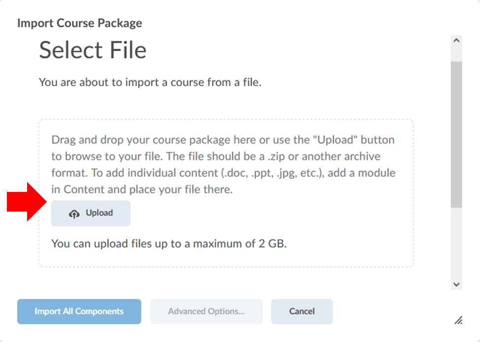 D2L Course Admin: Import course package window