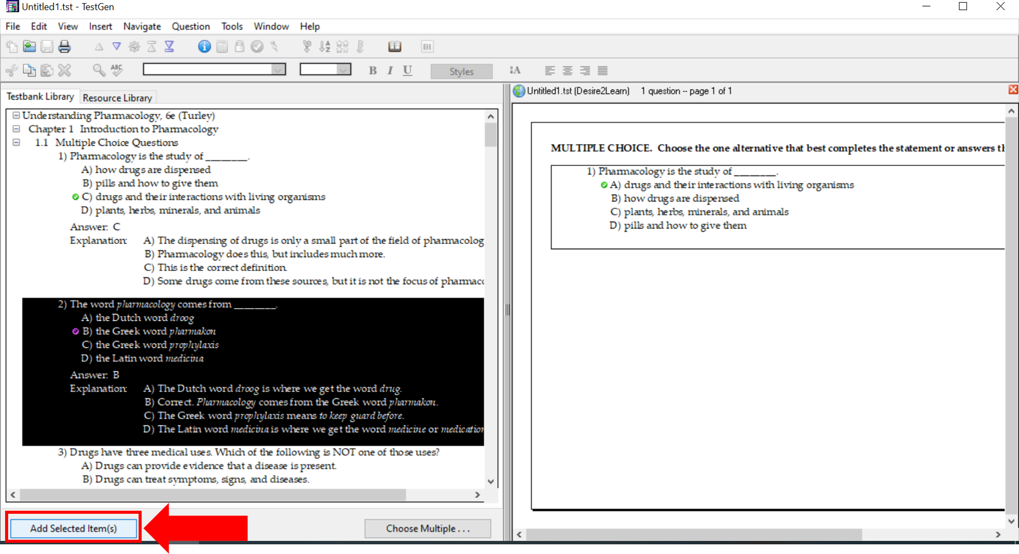TestGen: choose questions to add and click Add selected items