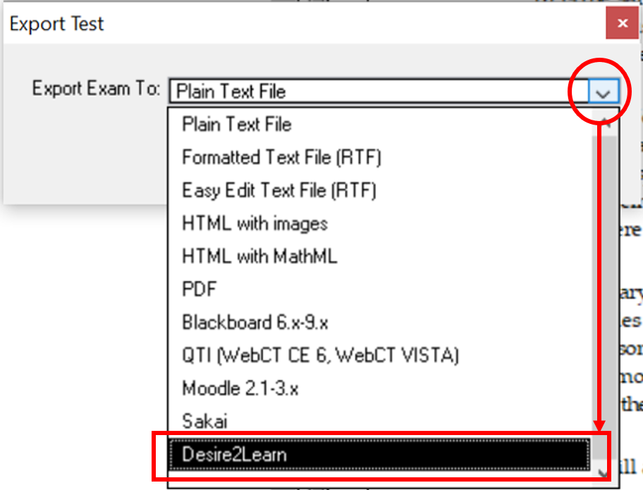 TestGen: Export test to, choose Desire2Learn