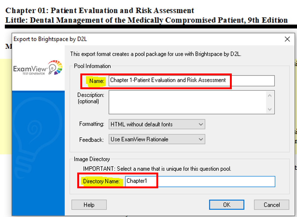 ExamView export window: enter folder and directory names