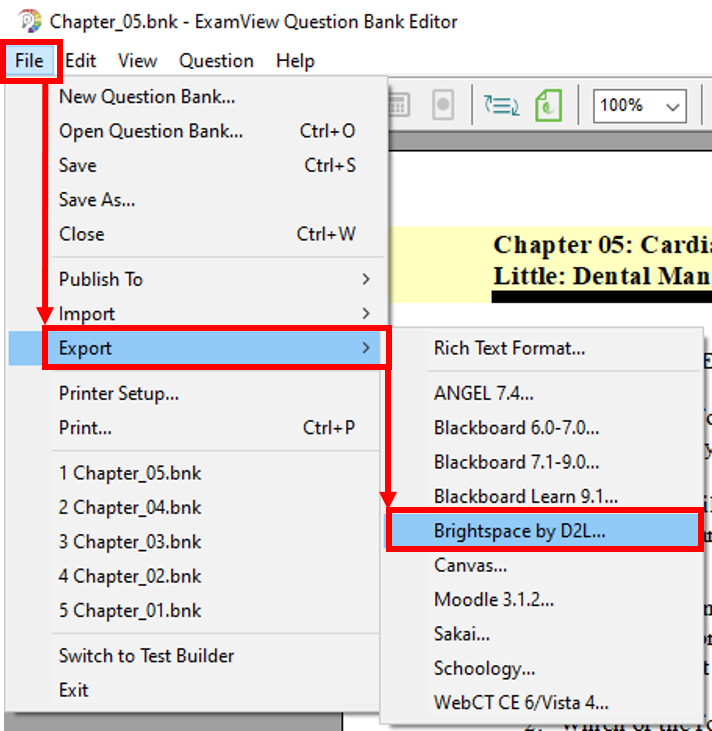 ExamView: File menu-Export-Brightspace by D2L