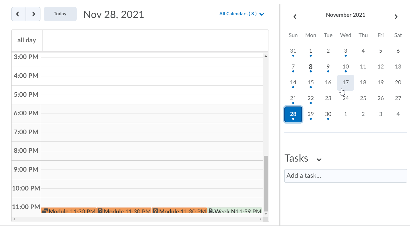 student view of calendar with daily detail on the left hand side and the month fo November on the right. there are blue dots on the monthly calndear to show when items are due.
