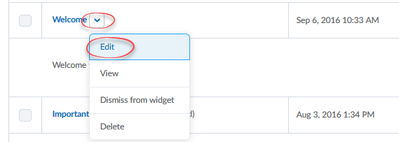 mage of announcments in announcment tool with the context menu of a particular announcment, Edit circled in menu