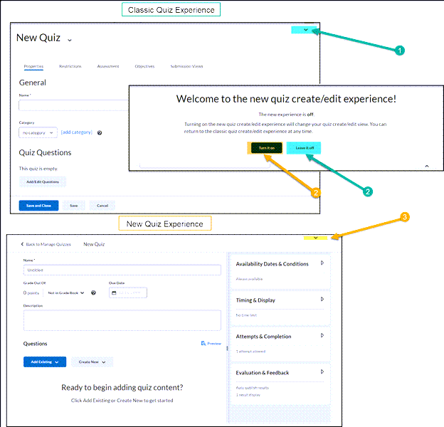 Image of boxes to enable the New Quiz Experience and opt-in