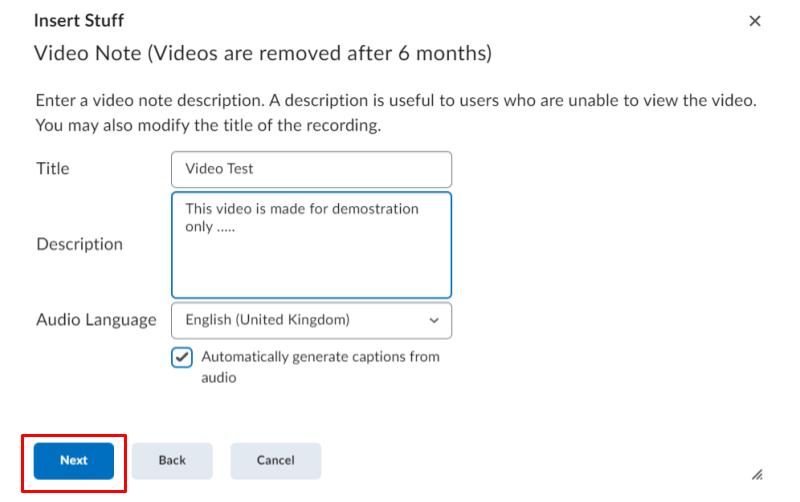 A red rectangle surrounding the next button to add a Title and Description