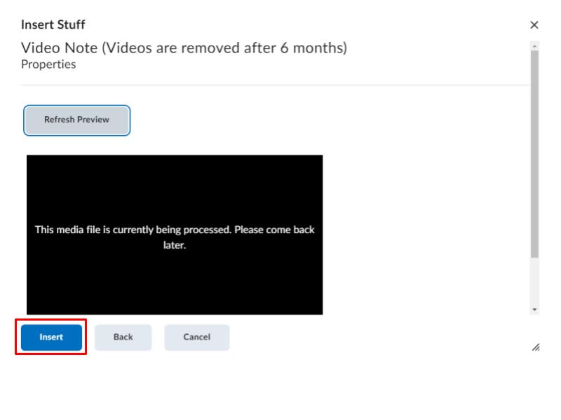 A red arrow surrounding the Insert button on the Media is being processed screen 