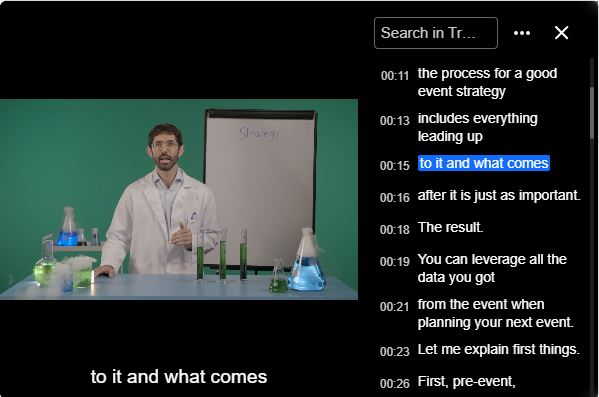 The new Kaltura player includes a searchable interactive transcript.