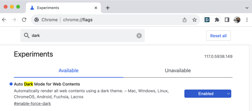 Enabling Dark Mode in Google Chrome's experimental settings.