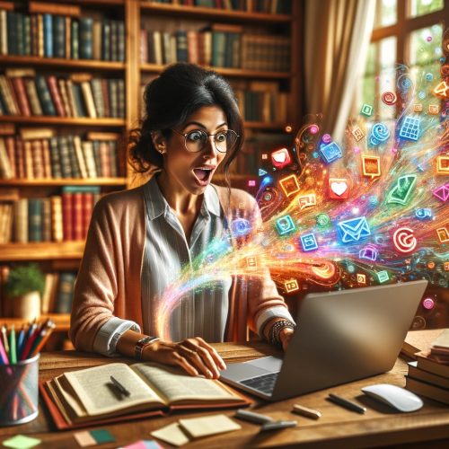 In a warmly lit home office filled with bookshelves and academic decor, a female faculty sits in surprise and delight at