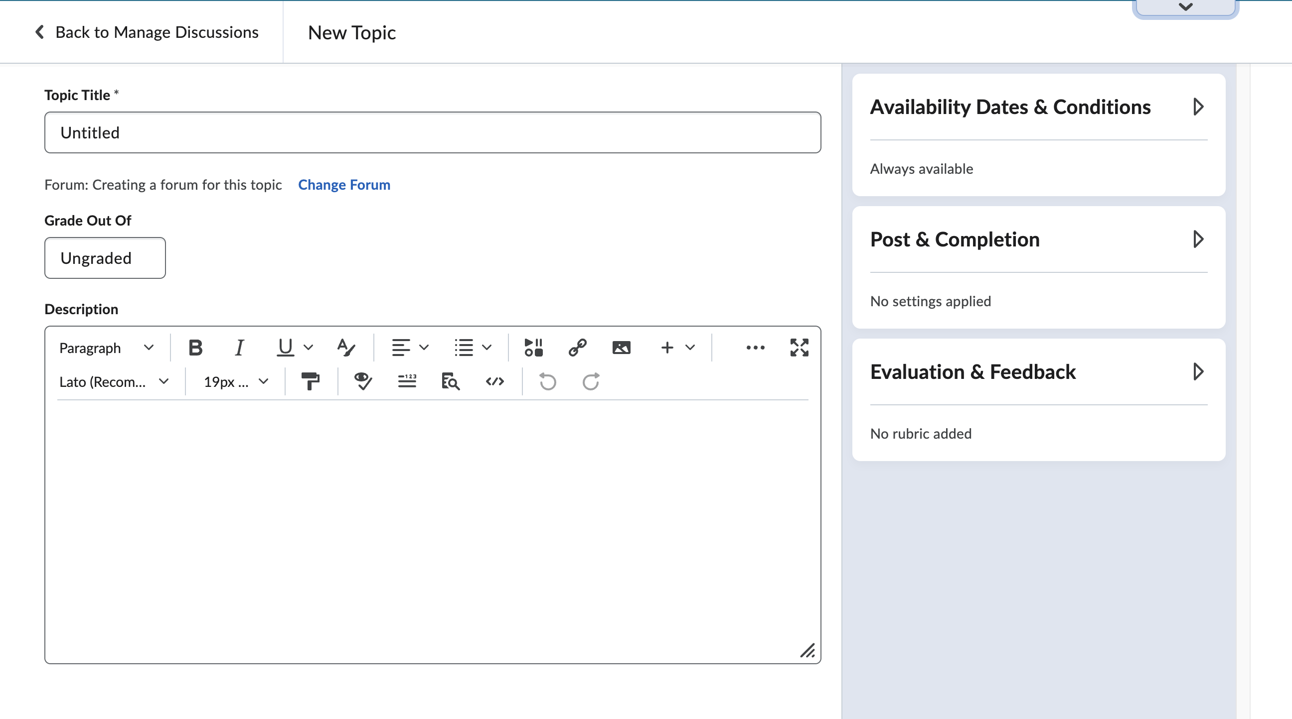 The new discussion creation experience is much like the assignments and quiz tool.