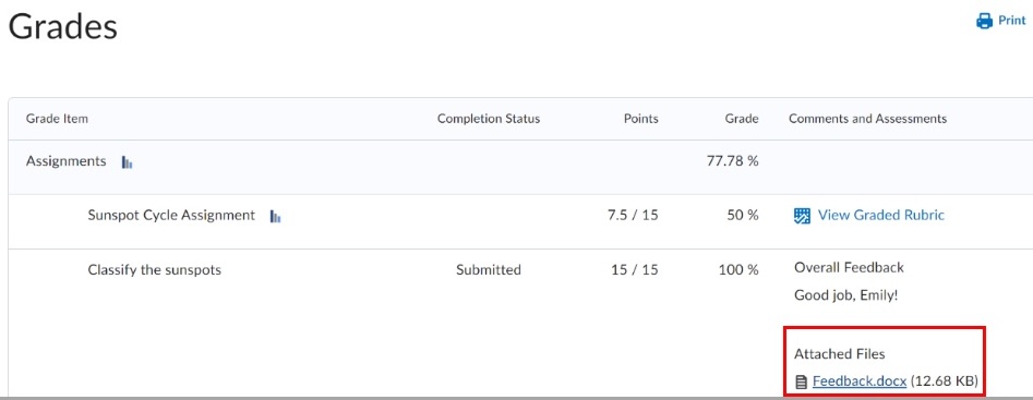 Grades now has a link to attached feedback.
