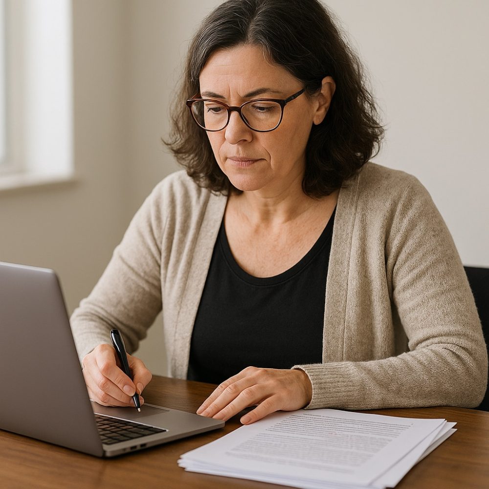 This is an image of a female writing instructor who is grading work on her laptop and is for some reason writing on the computer with a pen.