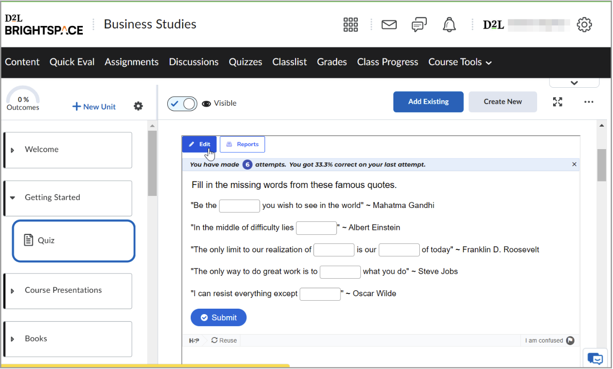 Instructors will see an "edit" button on H5P activities in their course.