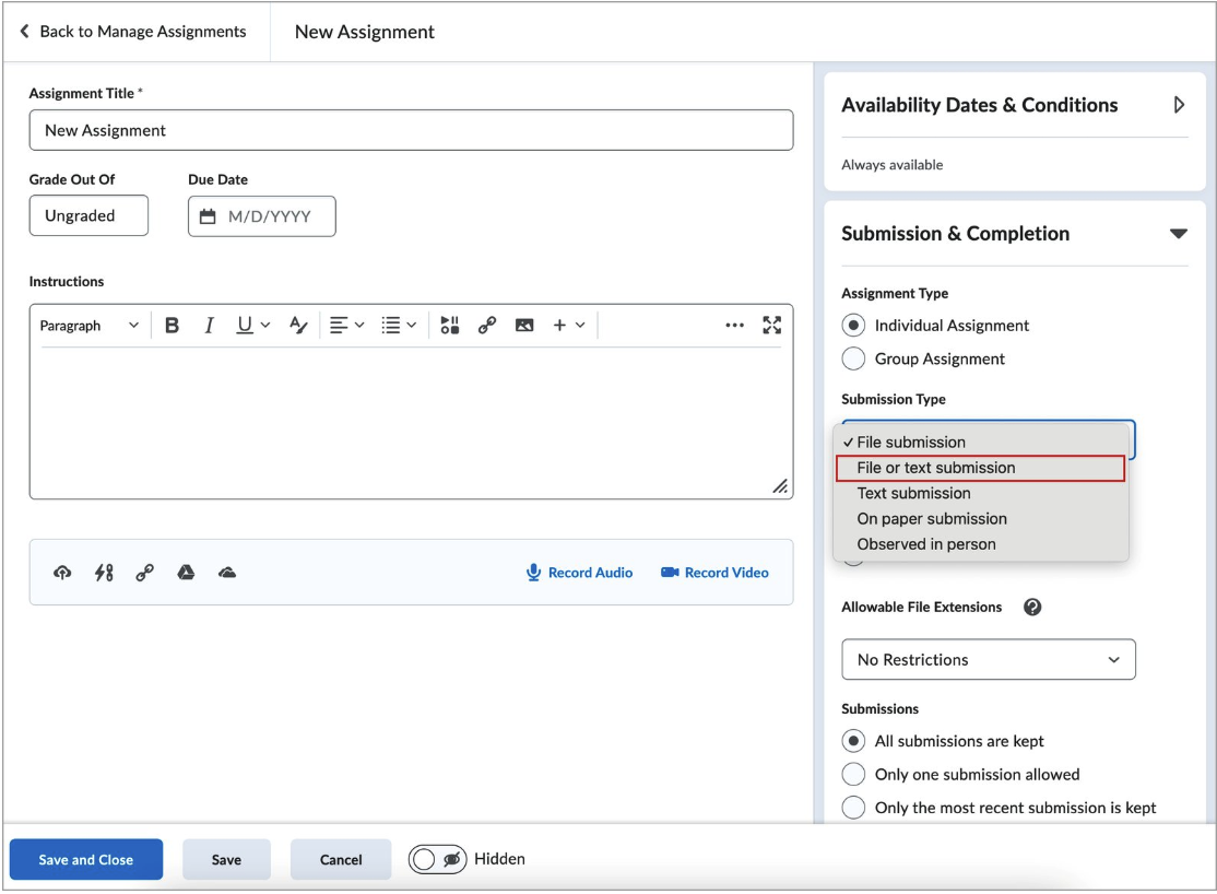 You can now select "File or Text Submission" as an option for assignments.