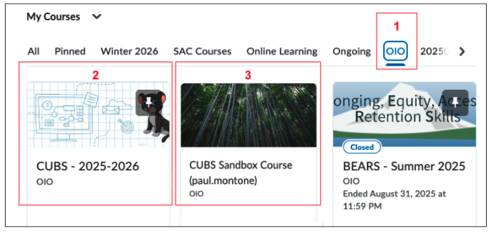 My Courses window on D2L Homepage showing OIO tab (1) and CUBS course tile (2) and CUBS Sandbox Course tile (3)