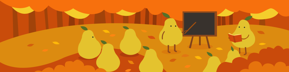  Cartoon image of two pears, one at a blackboard and one reading