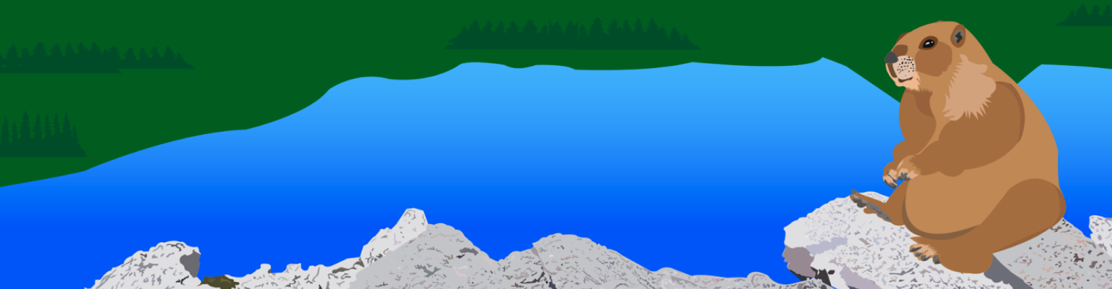Cartoon image of a marmot perched on a lakeside rock