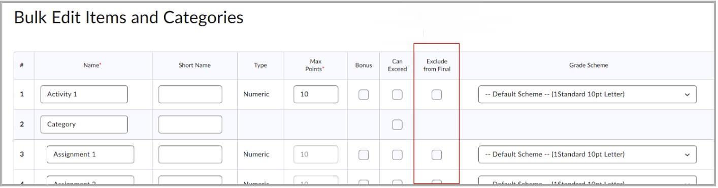 You can now quickly exclude activities from the final grade in the manage grades area.