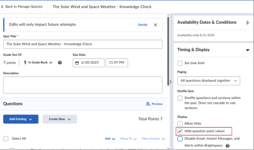 Hide point values for questions in the quiz.