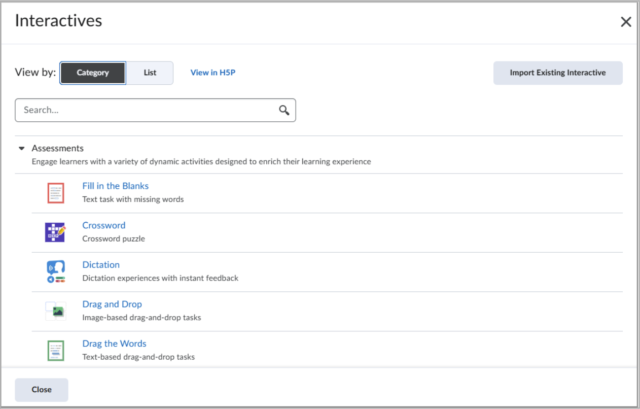 The new H5P workflow opens a modal window with searching and filtering.