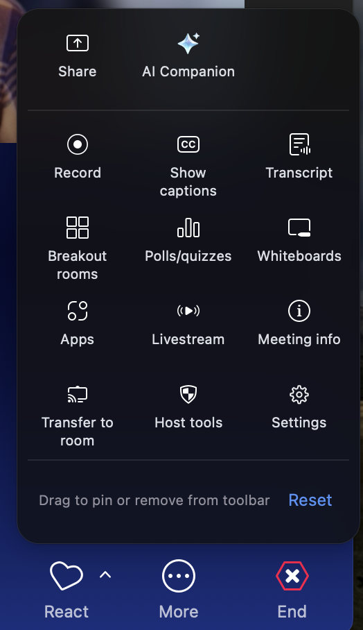 Zoom meeting controls have changed. You can now pin the settings you want.