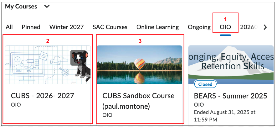 My Courses window on D2L Homepage showing OIO tab (1) and CUBS course tile (2) and CUBS Sandbox Course tile (3).png