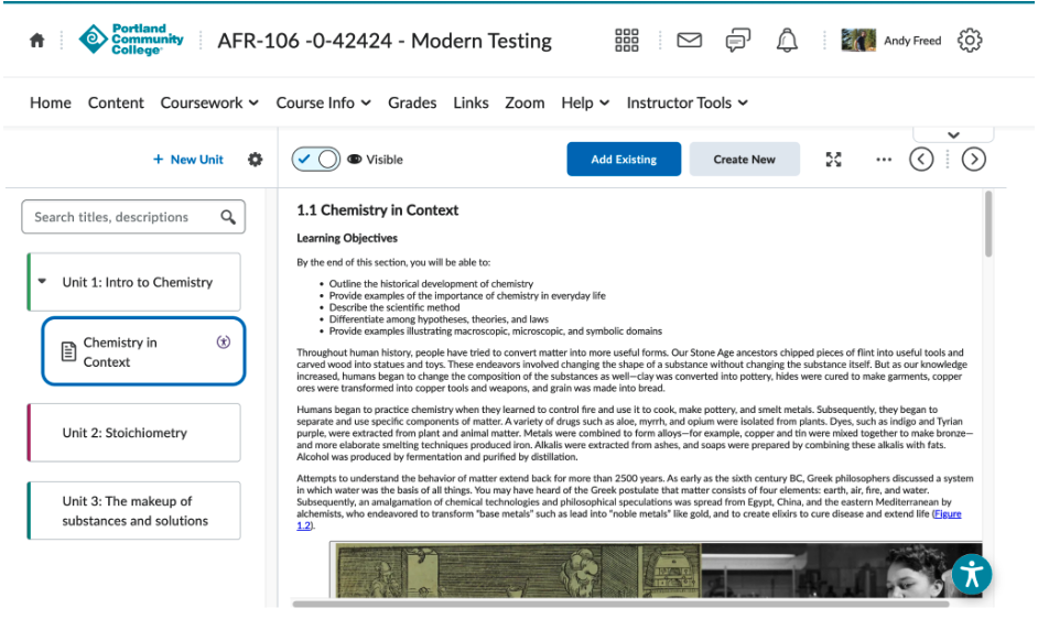 A preview of the New Content Experience in Brightspace shows a modified navigation and layout that allow for fullscreen view. The interface is less cluttered than the current content experience.