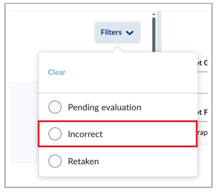 You can now filter question responses by those that are still pending evaluation, are incorrect, or have been retaken by students.
