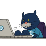 A drawing of Poppy the Panther using a laptop with a PCC sticker on the back of the screen.