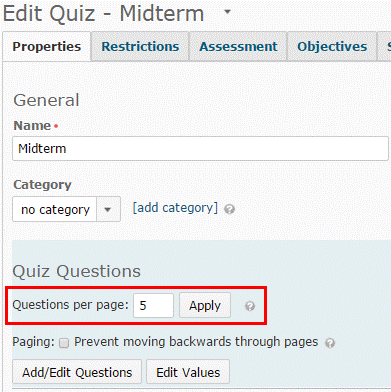 Set a number of questions per page in a Quiz