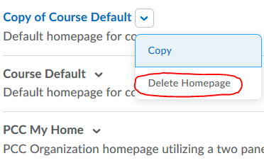 Delete custom homepages