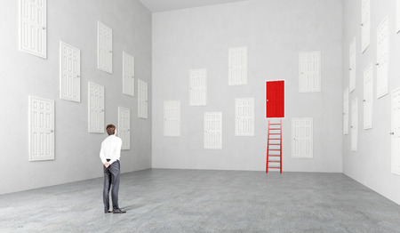 Picture of man in a room with multiple doors closed, starring at one red door with a ladder up to it.