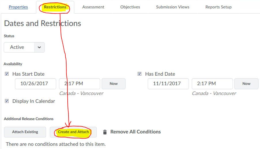 quiz restrictions tab to create release conditions