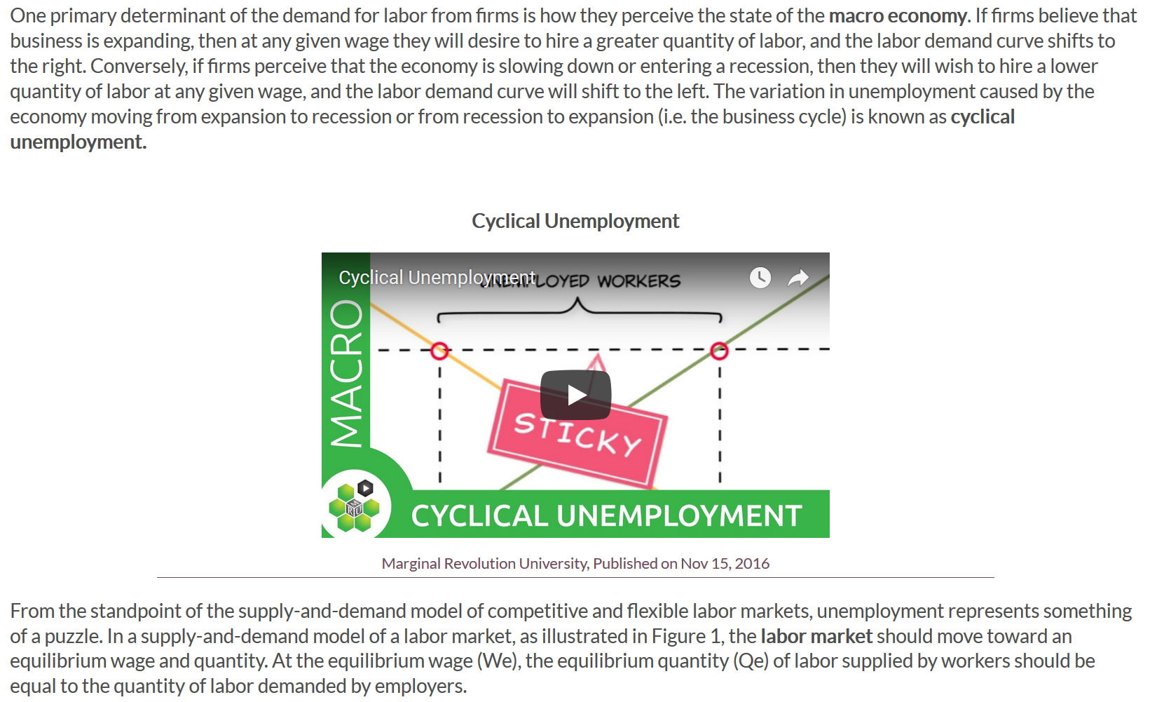 An image of a video embedded using the code to add title and caption. The title states "Cyclical Unemployement" and the caption reads the source and publish date. 