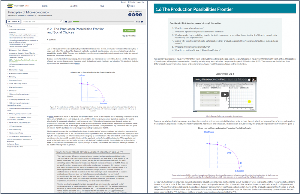 There are two images. The one of the right shows a chapter section from OpenStaxx and the right image shows the same content converted into the PCC stylesheet. 
