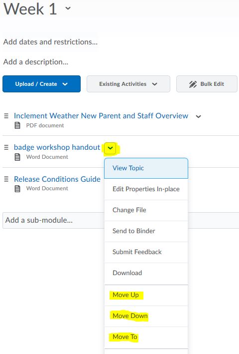 Reorder a topic inside the module