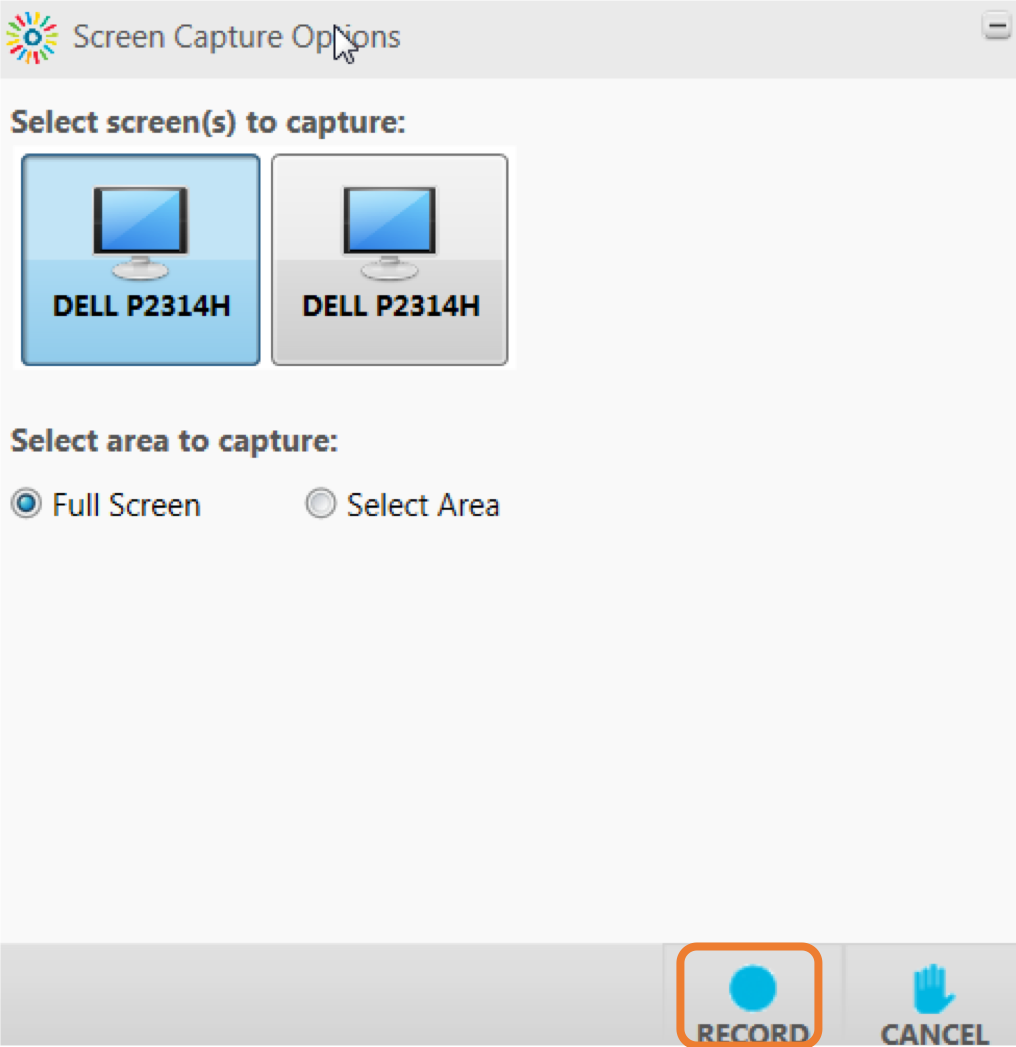 Window that allows to select a display or area of the screen for recording 