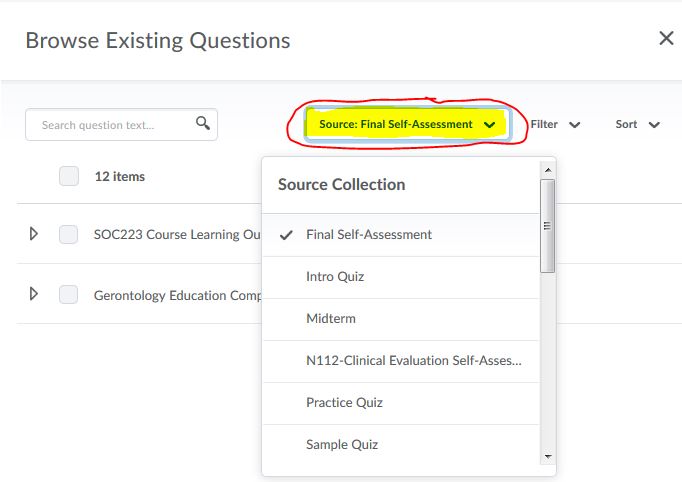 Choose import source for quizzes in the Question Library