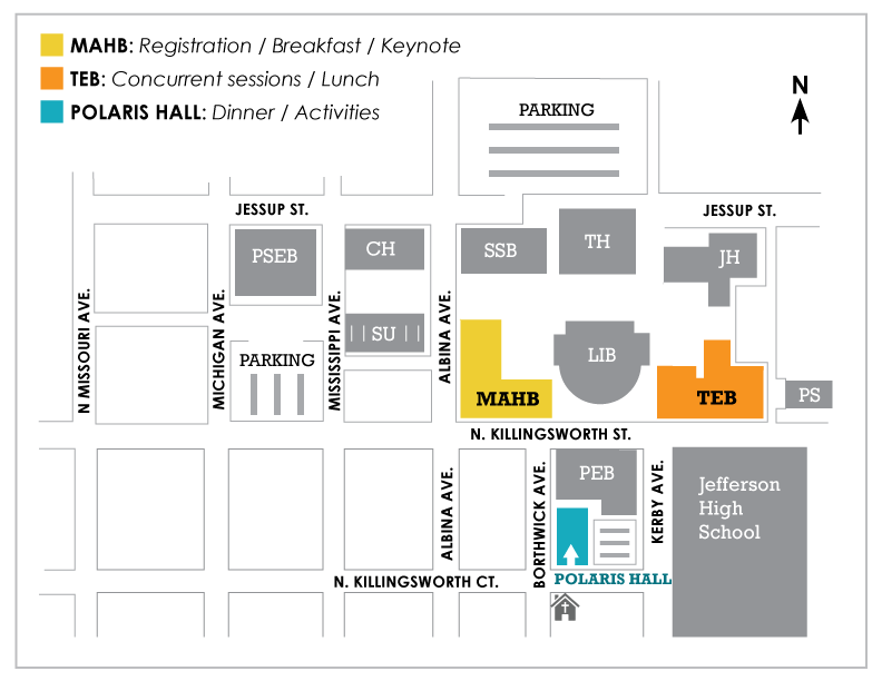 Cascade campus and Polaris maps: Registration, Breakfast and Keynote are in MAHB. Concurrent sessions and lunch are set in TEB. And dinner and activities are set in Polaris Hall.