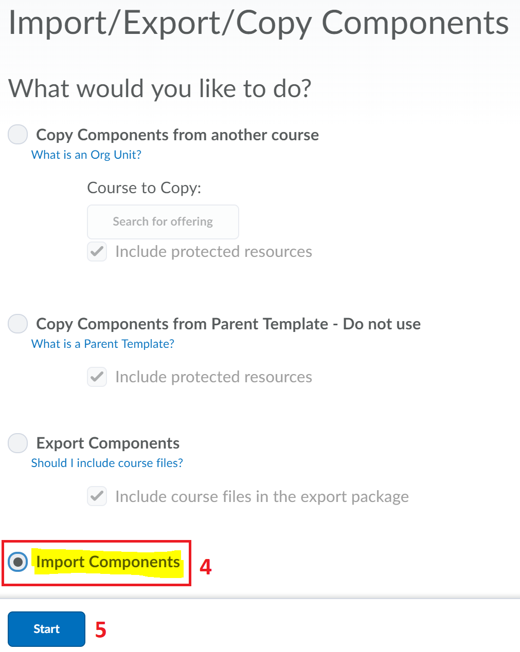 brightspace import components, follow Step 5.4 through 5.5
