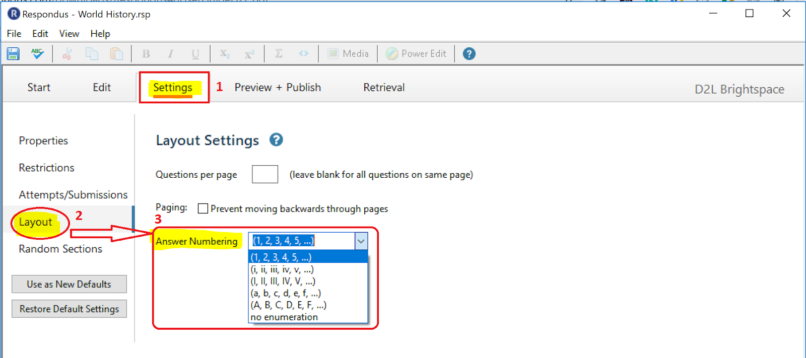 Respondus Settings, Layout, select Answer Numbering