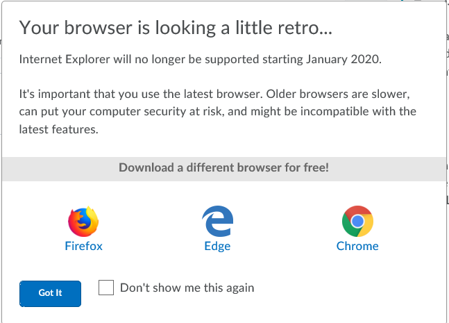 IE no longer supported warning window