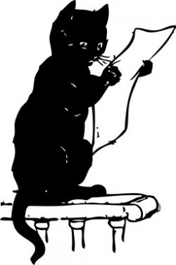 Drawing of a cat reading a document