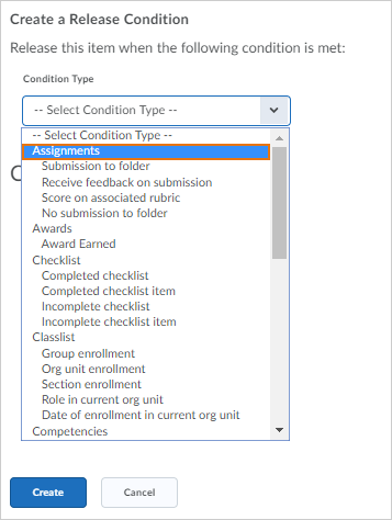 When creating new release conditions, Assignments is now at the top of the list of tools