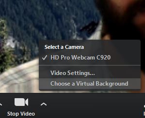 Zoom allows you to select a virtual background from the video source menu.